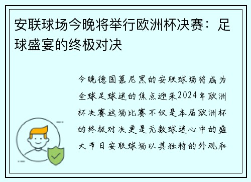 安联球场今晚将举行欧洲杯决赛：足球盛宴的终极对决